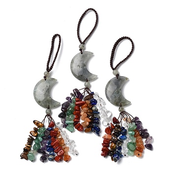 Moon Natural Labradorite Pendant Decorations, Nylon Cord and Gemstone Chip Tassel Hanging Ornaments, 150~155mm