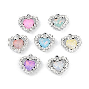 UV Plating Alloy with Mixed Color Glass Rhinestone Pendants, Cadmium Free & Lead Free, Heart, Platinum, 16x16x5mm, Hole: 2mm