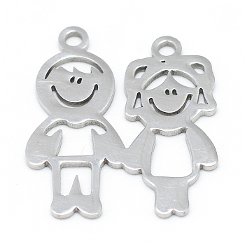 Non-Tarnish 201 Stainless Steel Pendants, Boy and Girl, Lover, Stainless Steel Color, 22x19.5x1mm, Hole: 2mm