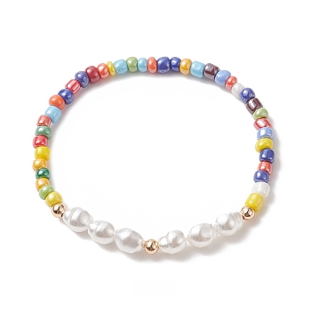 Plastic Imitation Pearl & Glass Seed Beaded Stretch Bracelet for Women, Colorful, Inner Diameter: 2 inch(5.05cm)