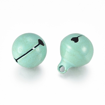 Baking Paint Iron Bell Pendants, Round, Aqua, 17x13.5mm, Hole: 2.5mm