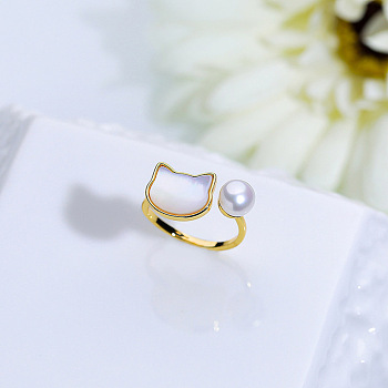 Natural Freshwater Pearl with Natural Shell Cuff Rings, Golden, Cat Shape, Inner Diameter: 15~19mm