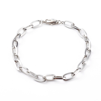 304 Stainless Steel Cable Chain Bracelets,with Brass Lobster Claw Clasps, Stainless Steel Color, 7-5/8 inch(19.5cm)