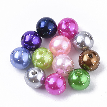 Fluorescent Plastic Beads, ABS Plastic Imitation Pearl Beads, with Glitter Powder, Round, Mixed Color, 9.5x10mm, Hole: 1.5mm