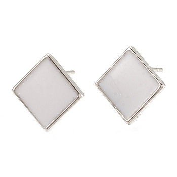 Brass Stud Earring Findings, with Loop, Enamel, Rhombus, Nickel Free, Real Platinum Plated, Creamy White, 14x14mm, Hole: 1.2mm, pin: 0.7mm