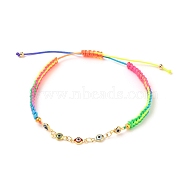 Adjustable Nylon Thread Braided Bead Bracelets, with Evil Eye Lampwork Links and Brass Round Beads, Colorful, Real 18K Gold Plated, Inner Diameter: 2-1/4~3-3/8 inch(5.8~8.5cm)(BJEW-JB05594-02)