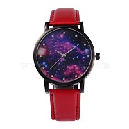 Women's Alloy PU Leather Quartz Wristwatches, with Rhinestones, Gunmetal Plated , Red, 240x18mm; Watch Head: 39.5x10.5; Watch Face: 35mm(WACH-M131-02A)
