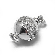 Anti-Tarnish Rhodium Plated 925 Sterling Silver Box Clasps, with 925 Stamp, with Cubic Zirconia, Round, Clear, Platinum, 14x8.5mm, Hole: 1.8mm(STER-L057-008A)