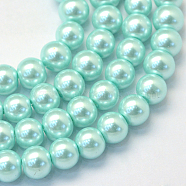 Baking Painted Pearlized Glass Pearl Round Bead Strands, Aquamarine, 8~9mm, Hole: 1mm, about 100~105pcs/strand, 31.4 inch(HY-Q330-8mm-45)