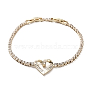Heart Brass Link Bracelet with Clear Cubic Zirconia Tennis Chains, Long-Lasting Plated, Golden, 6-7/8 inch(17.5cm)(BJEW-G690-05G)