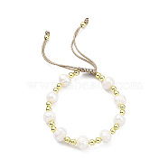 Adjustable Natural Pearl & Brass Braided Beaded Bracelet for Women, Golden, Inner Diameter: 1-5/8~2-3/4 inch(4~7cm)(BJEW-O187-01)