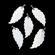 Natural Freshwater Shell Big Pendants, Leaf Charms with Platinum Plated Brass Pinch Bails, White, 60~62x26~26.5x2.5~3mm, Hole: 5x4mm(BSHE-Z003-32P)