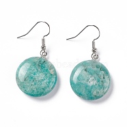 Natural Amazonite Flat Round Dangle Earrings, Platinum Brass Jewelry for Women, 42mm, Pin: 0.7mm(EJEW-D188-03P-10)
