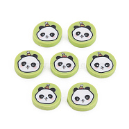 Handmade Polymer Clay Cabochons, Flat Round with Panda, Yellow Green, 8.5~9x1.5~2mm, about 4300pcs/1000g(CLAY-N006-125)