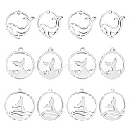 18Pcs 3 Style 304 Stainless Steel Pendants, Flat Round with Fishtail & Whale Charm, Stainless Steel Color, 19.5~22x17.5~20x1~1.5mm, Hole: 1.4~1.8mm, 6pcs/style(STAS-AR0001-79)