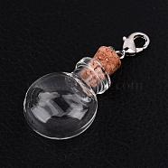 Flat Round Glass Wishing Bottle Pendants, with Iron Findings and Brass Lobster Claw Clasps, Platinum, 47mm, Bottle Capacity: 1.2ml(0.04 fl. oz)(HJEW-JM00186-04)