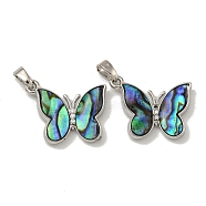 Rack Plating Brass Pave Natural Paua Shell Pendants, Butterfly Charms, Platinum, 16x19.5x4.5mm, Hole: 5X2.5mm(KK-U025-02P-02)