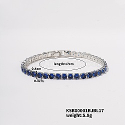 Brass Cubic Zirconia Chain Bracelets, Marine Blue, 6-3/4 inch(17cm)(UE0226-1)