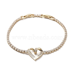 Heart Brass Link Bracelet with Clear Cubic Zirconia Tennis Chains, Long-Lasting Plated, Golden, 6-7/8 inch(17.5cm)(BJEW-G690-05G)