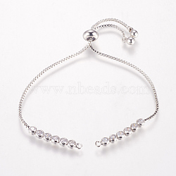 Brass Chain Bracelet Making, Box Chain Bracelets, Slider Bracelets Making, with Cubic Zirconia, Round, Real Platinum Plated, 9-1/2 inchx1/8 inch(240x1mm), Hole: 1mm(X-MAK-P007-03-03P)