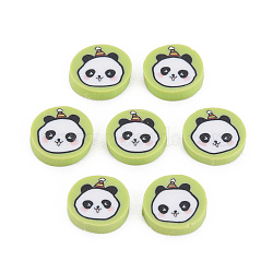 Handmade Polymer Clay Cabochons, Flat Round with Panda, Yellow Green, 8.5~9x1.5~2mm, about 4300pcs/1000g(CLAY-N006-125)