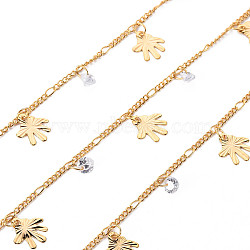 Handmade Brass Curb Chains, with Cubic Zirconia charms, Soldered, Spool, Palm, Real 18K Gold Plated, 3.3x1.5x0.3mm and 2x1.4x0.3mm, about 16.4 Feet(5m)/roll(CHC-S012-040)