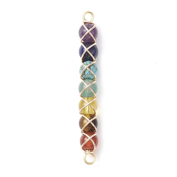 Chakra Gemstone Connector Charms, Golden Plated Copper Wire Wrapped Round Gems Links, 51x6x7.5mm, Hole: 2.5mm