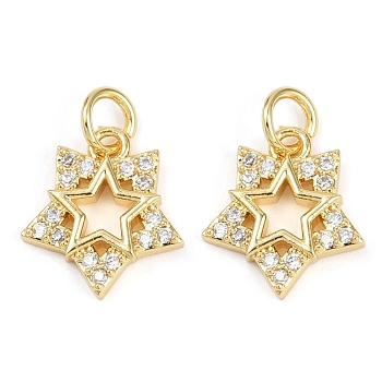 Brass Micro Pave Cubic Zirconia Pendants, Cadmium Free & Lead Free, Star Charms, with Jump Ring, Real 18K Gold Plated, Clear, 13x12x2mm, Hole: 3mm