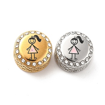 304 Stainless Steel European Beads, with Enamel & Rhinestone, Large Hole Beads, Flat Round with Girl, Golden & Stainless Steel Color, 12x8mm, Hole: 4mm