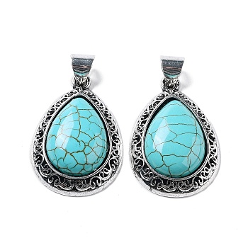 Synthetic Turquoise Teardrop Pendants, Antique Silver Tone Alloy Drop Charms, 39.5x27x9.5mm, Hole: 6x7mm