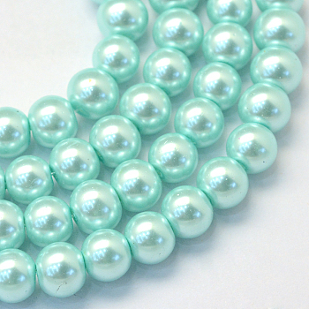 Baking Painted Pearlized Glass Pearl Round Bead Strands, Aquamarine, 8~9mm, Hole: 1mm, about 100~105pcs/strand, 31.4 inch