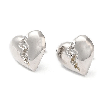 Rack Plating Brass Split Heart Stud Earrings, Platinum, 16x18mm
