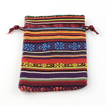 Ethnic Style Cloth Packing Pouches Drawstring Bags, Rectangle, Dark Orange, 14x10cm