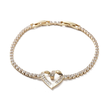Heart Brass Link Bracelet with Clear Cubic Zirconia Tennis Chains, Long-Lasting Plated, Golden, 6-7/8 inch(17.5cm)