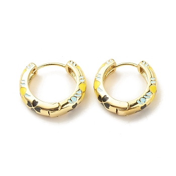 Flower Enamel Hoop Earrings, Gold Plated Brass Hinged Earrings for Women, Gold, 20x22x5mm, Pin: 0.9mm