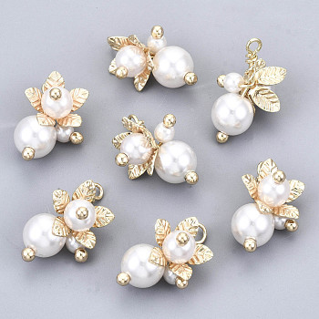 ABS Plastic Imitation Pearl Pendants, with Real 18K Gold Plated Brass Findings, Flower, Creamy White, 21x14x2mm, Hole: 2mm