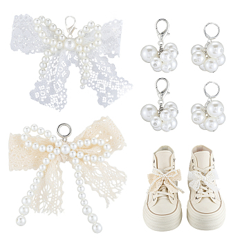 8Pcs 4 Styles ABS Imitation Pearl & Polyester Pendant Decorations, Bowknot & Cluster, Mixed Color, 32.5~80mm, 2pcs/style