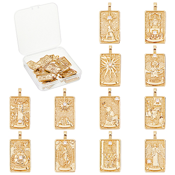 12Pcs 12 Style Brass Micro Pave Clear Cubic Zirconia Pendants, Real 18K Gold Plated, Tarot Card Charms, Real 18K Gold Plated, 30x15x4mm, Hole: 3~4mm, 1pc/style
