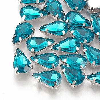 Sew on Rhinestone, Multi-strand Links, Glass Rhinestone, with Brass Prong Settings, Garments Accessories, Faceted, teardrop, Platinum, Teal, 8x5.5x4mm, Hole: 0.8~1mm
