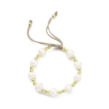 Adjustable Natural Pearl & Brass Braided Beaded Bracelet for Women, Golden, Inner Diameter: 1-5/8~2-3/4 inch(4~7cm)