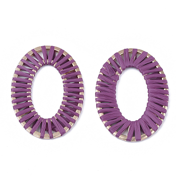 Handmade Raffia Woven Linging Rings, with Alloy Findings, Oval Ring, Light Gold, Purple, 48x34x2mm, Inner Diameter: 28.5x15.5mm