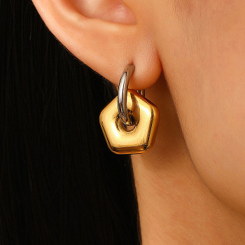 304 Stainless Steel Two Tone Pentagon Hoop Earrings, Golden & Stainless Steel Color, 23x16mm