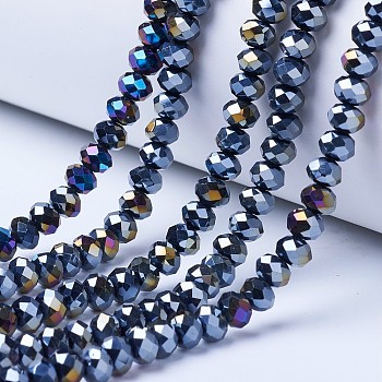 Electroplate Glass Beads Strands, Opaque Solid Color, AB Color Plated, Faceted, Rondelle, Black, 4x3mm, Hole: 0.4mm, about 113~115pcs/strand, 41~41.5cm