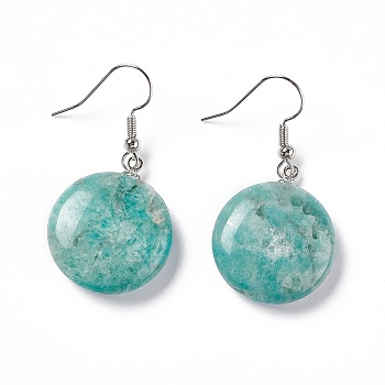 Natural Amazonite Flat Round Dangle Earrings, Platinum Brass Jewelry for Women, 42mm, Pin: 0.7mm