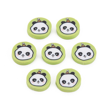 Handmade Polymer Clay Cabochons, Flat Round with Panda, Yellow Green, 8.5~9x1.5~2mm, about 4300pcs/1000g