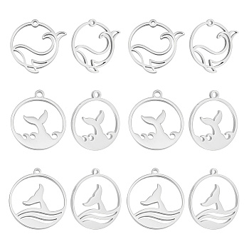 18Pcs 3 Style 304 Stainless Steel Pendants, Flat Round with Fishtail & Whale Charm, Stainless Steel Color, 19.5~22x17.5~20x1~1.5mm, Hole: 1.4~1.8mm, 6pcs/style