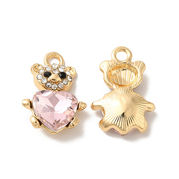 Rack Plating Alloy Rhinestone Pandants, with Glass, Nickel Free, Bear with Heart Charms, Golden, Pink, 21x14x5.5mm, Hole: 2.2mm