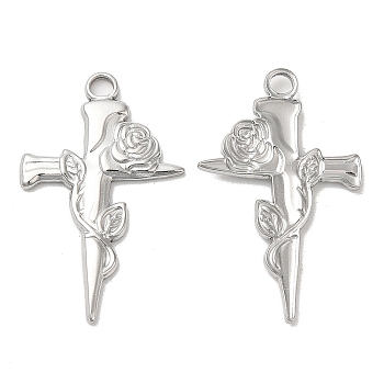 304 Stainless Steel Pendants, Cross with Rose Charm, Stainless Steel Color, 31.5x19.5x2mm, Hole: 2.6mm