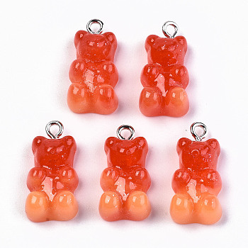 Opaque Resin Pendants, with Platinum Plated Iron Loop and Glitter Powder, Imitation Jelly, Two Tone, Bear, Coral, 21~22x11x7~8mm, Hole: 2mm