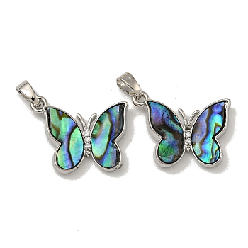 Rack Plating Brass Pave Natural Paua Shell Pendants, Butterfly Charms, Platinum, 16x19.5x4.5mm, Hole: 5X2.5mm